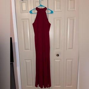 Burgundy Halter Neck Sleeveless Solid Stretchy Long Evening Dress XL